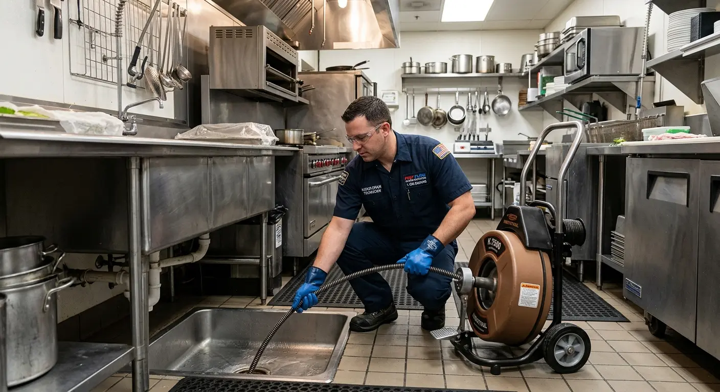 Commercial drain cleaning service in a restaurant kitchen in Green Brook