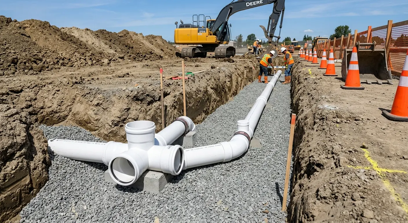 New PVC sewer pipe installation in open trench for Commercial Drain Cleaning in Green Brook