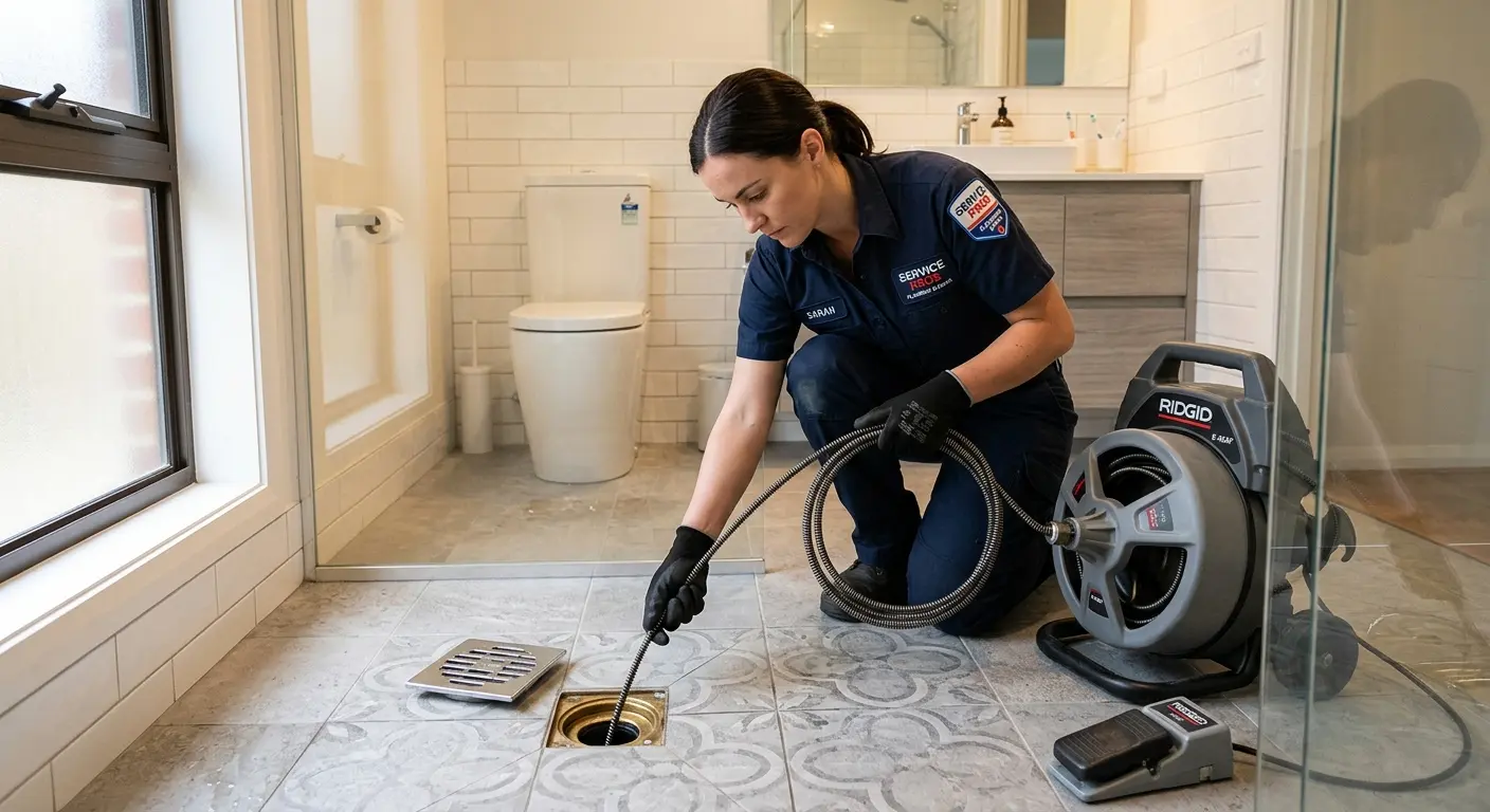 Technician clearing a bathroom floor drain for Sewer Line Replacement in Green Brook
